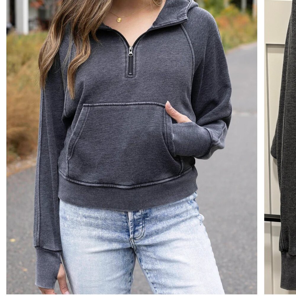 Vintage Washed Quarter Zip Hoodie in Washed Grey